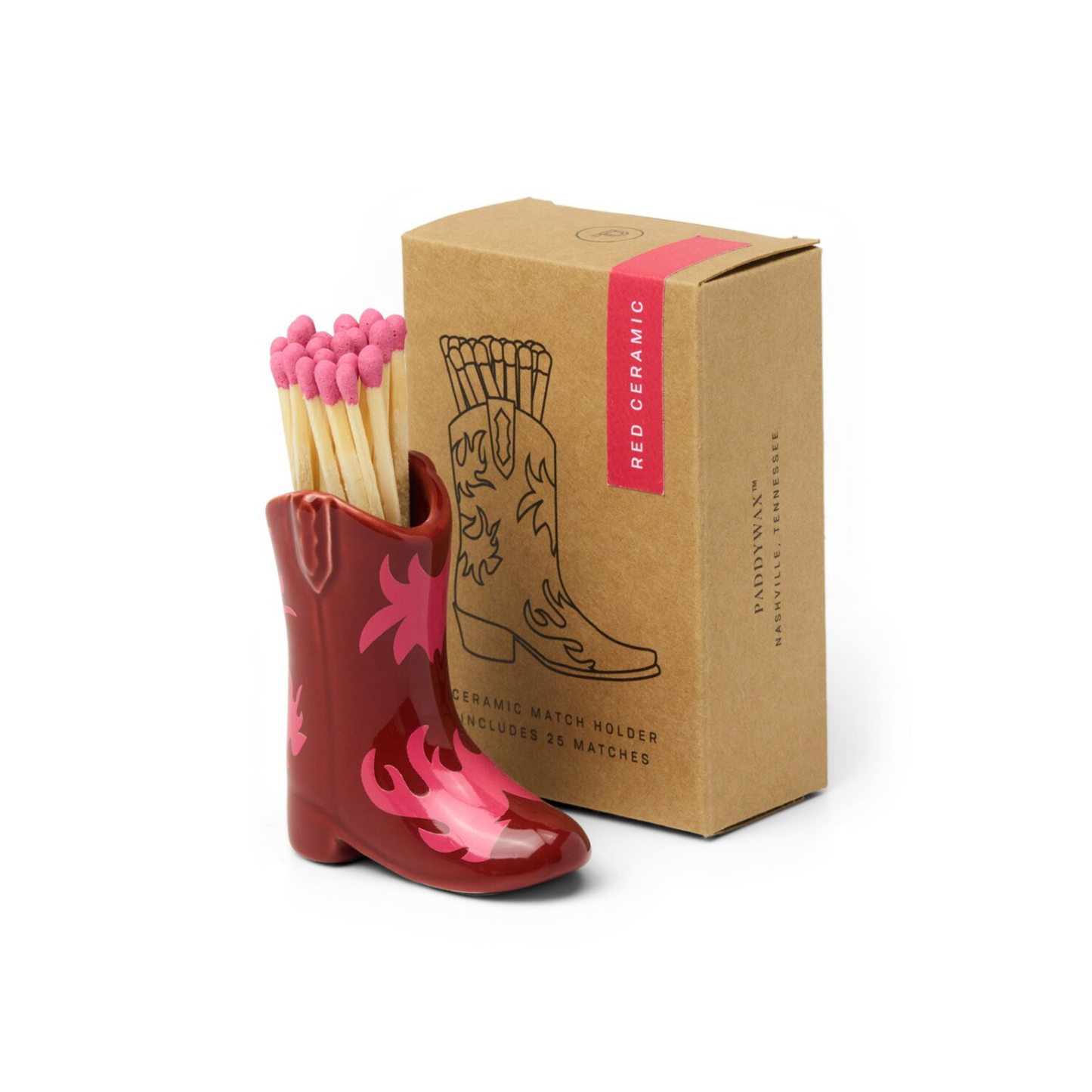 Ceramic cowboy boot match holder in red with flame pattern, holding pink-tipped matches