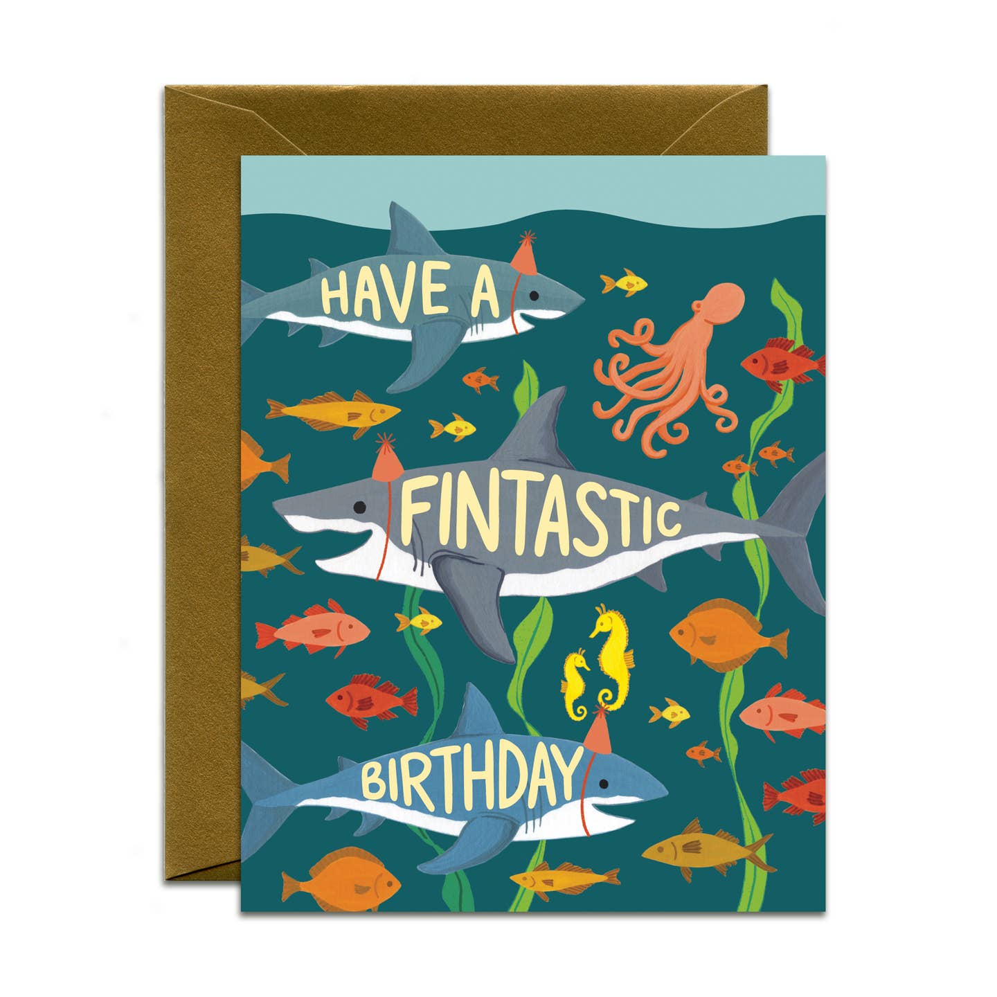 Ocean-themed birthday card with sharks, fish, and sea plants illustration