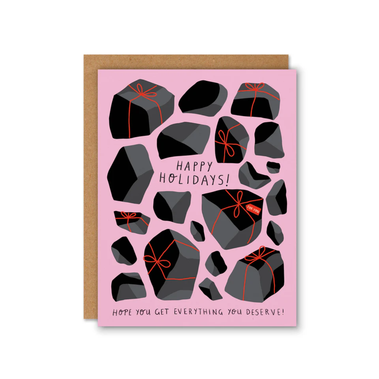 Holiday greeting card: black gift boxes with red ribbons, 'Happy Holidays!' text