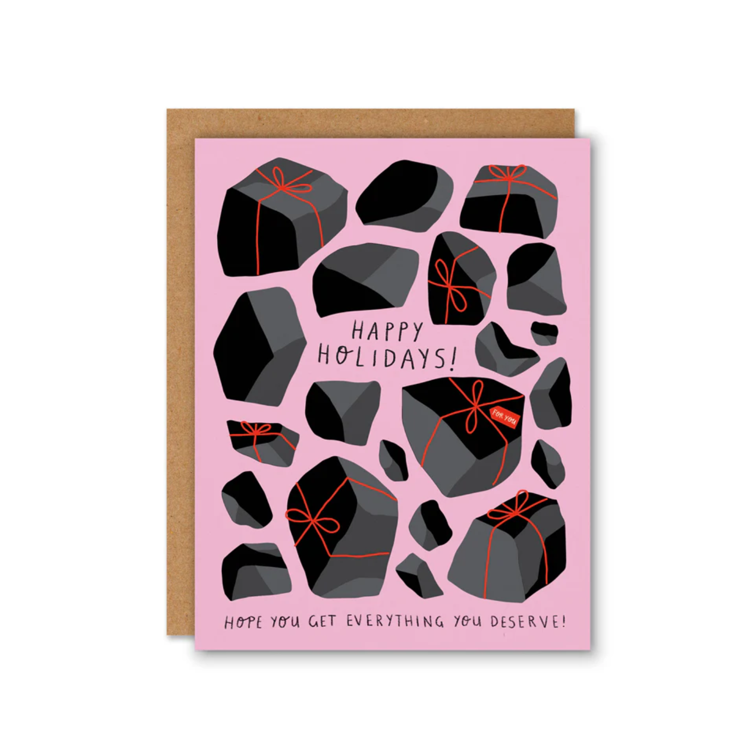 Holiday greeting card: black gift boxes with red ribbons, 'Happy Holidays!' text