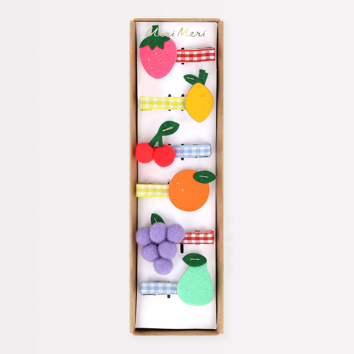 Fruit-shaped felt hair clips set: strawberry, lemon, cherry, grapes, pear (boxed)