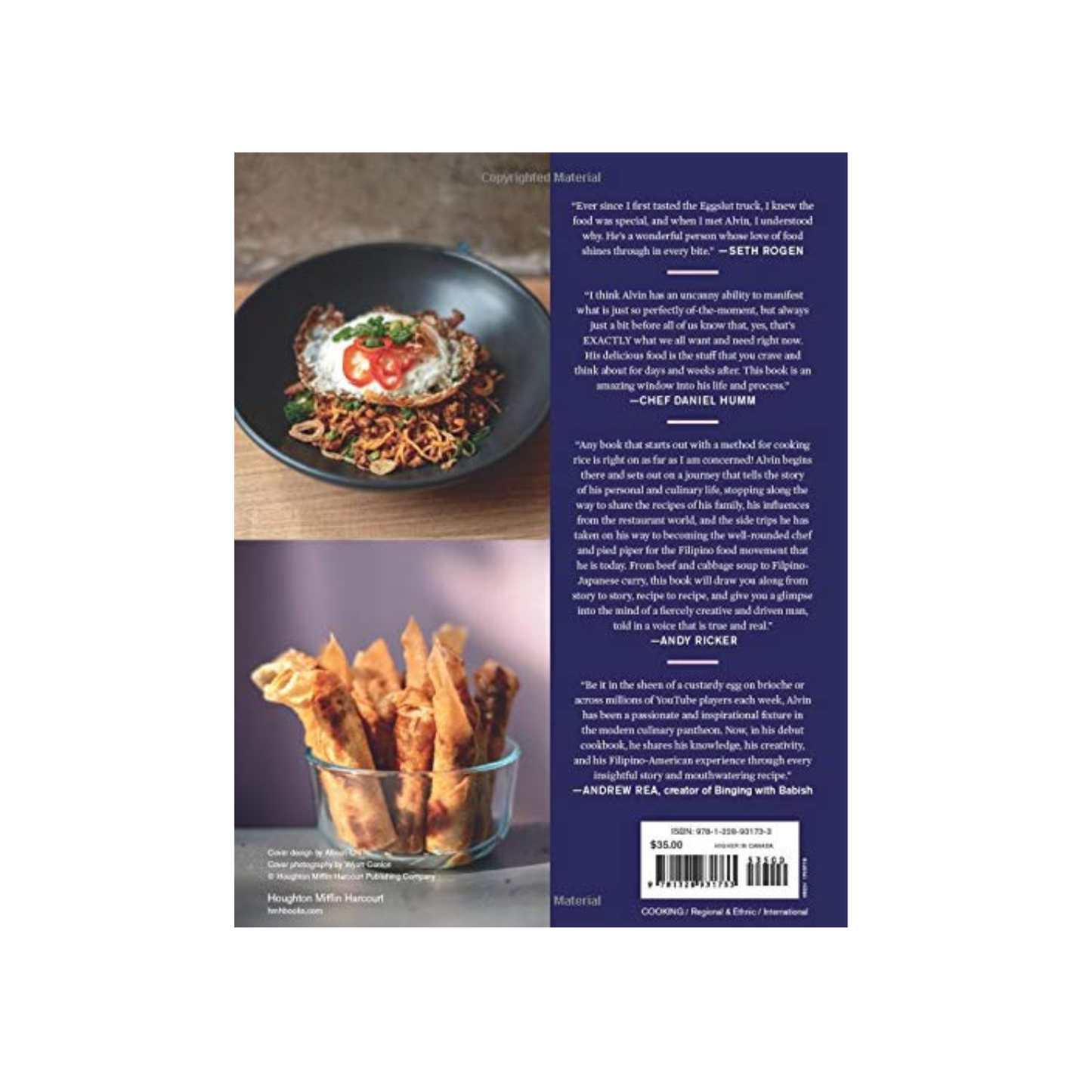Cookbook back cover with plated noodles, fries, and author text
