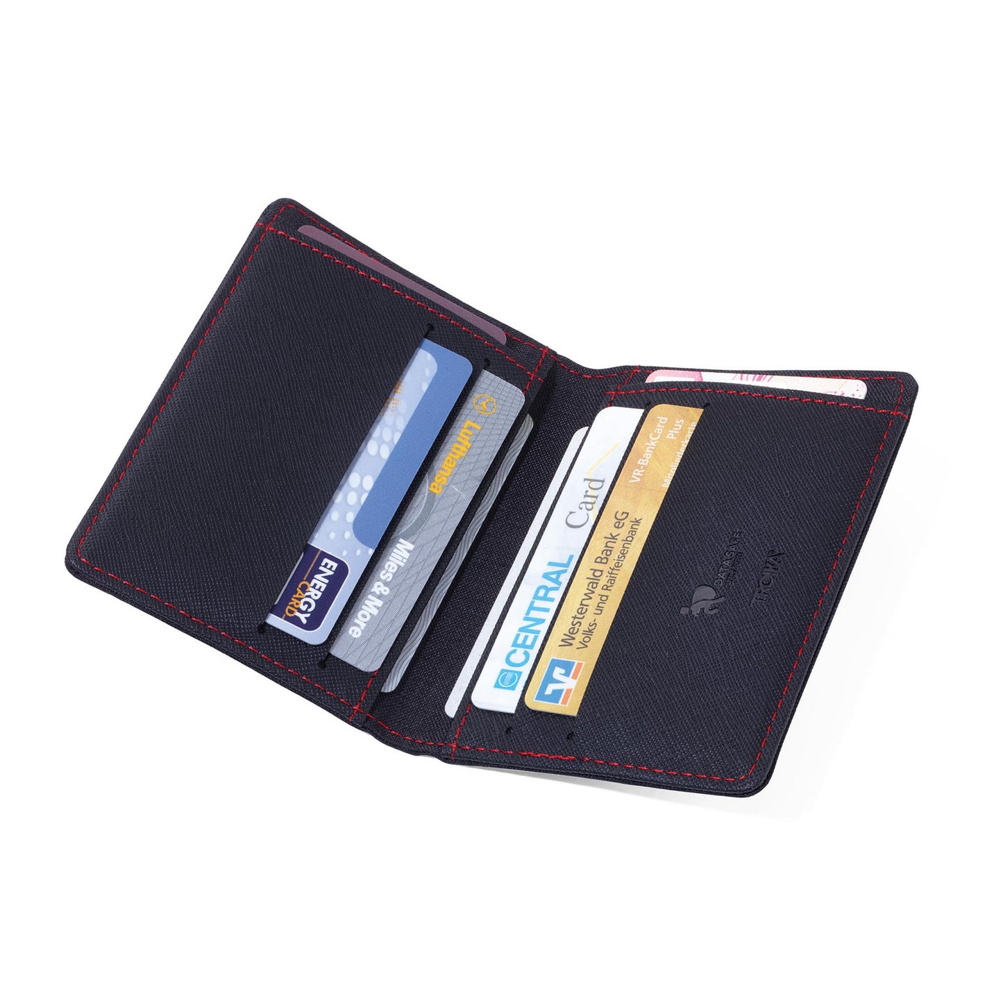RFID protected card case, dark navy with red stitching, open slots holding cards