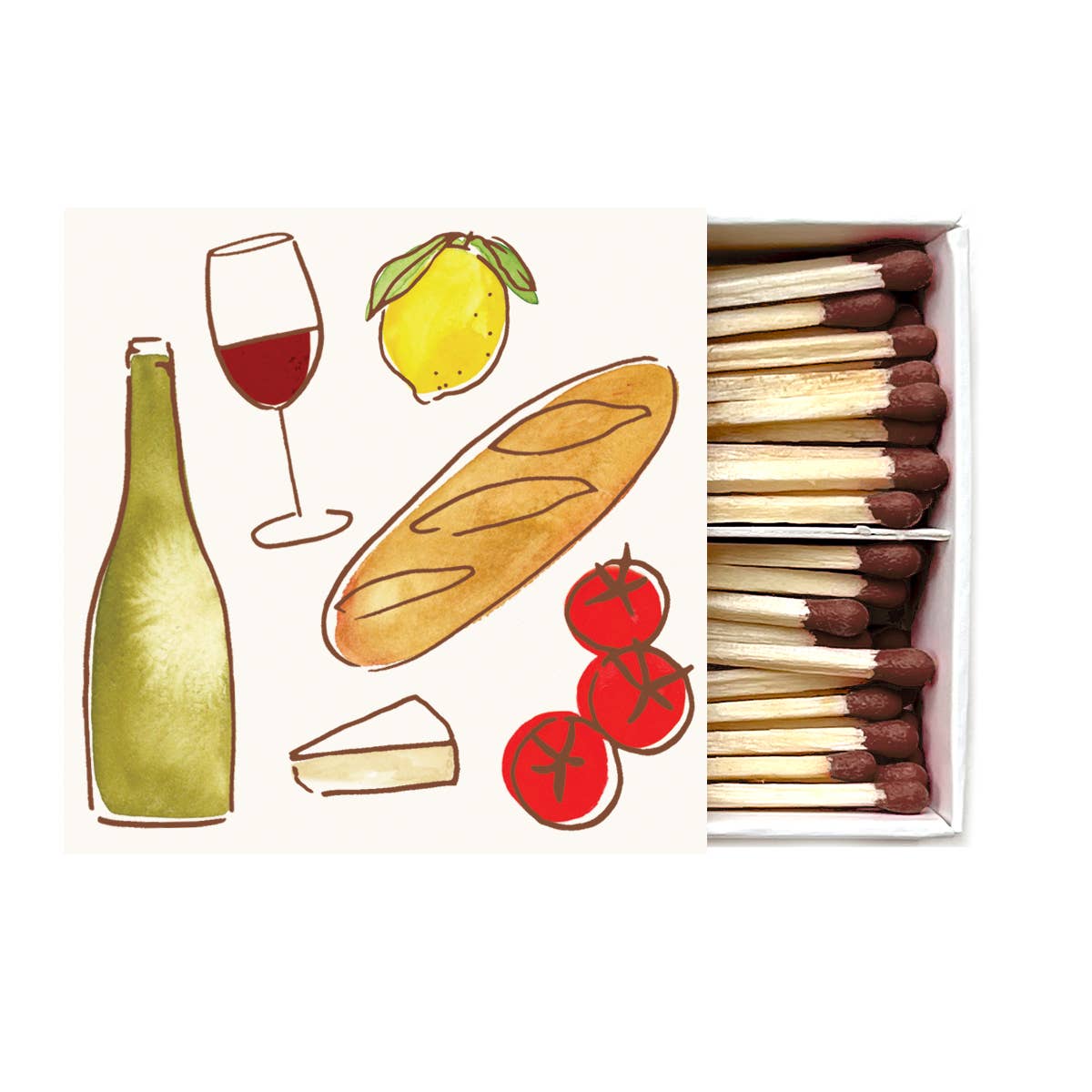 Dinner party match box with open tray of wooden matches and illustrated party icons