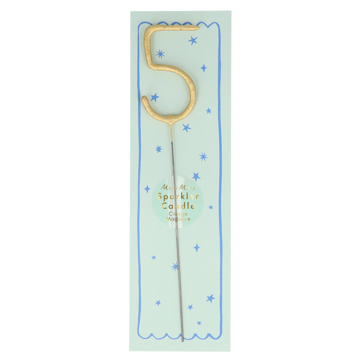 Gold number sparkler candle 5 with blue star pattern and pale blue center