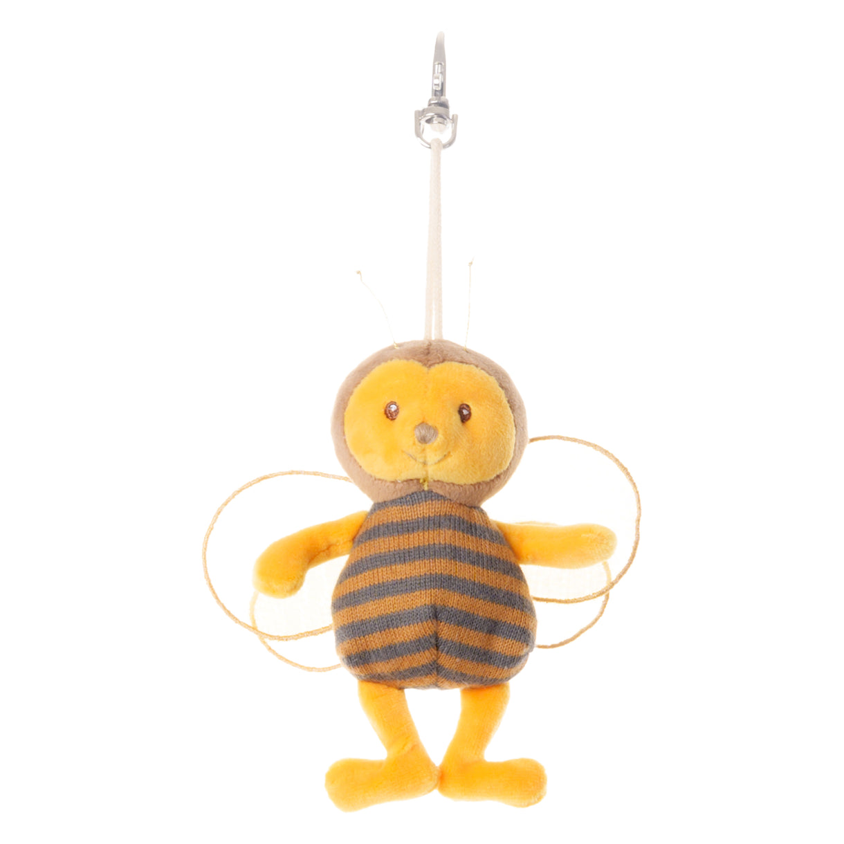 Bee charm plush with striped body and dangling loop clip