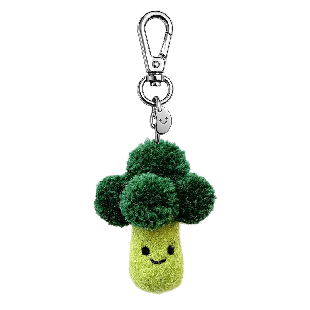 Felt broccoli keychain with smiling face, small keyring and clasp, green and chartreuse