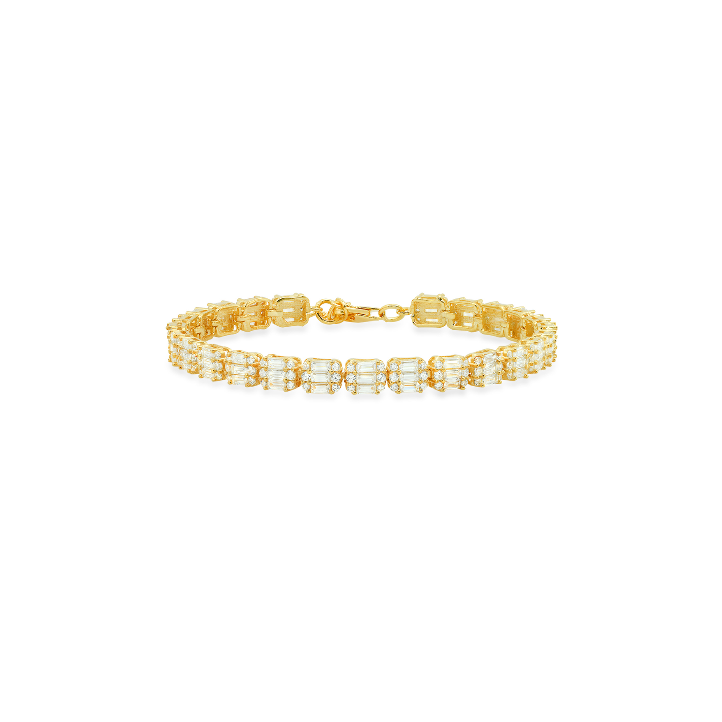 Gold-tone tennis bracelet with clear CZ stones and clasp links