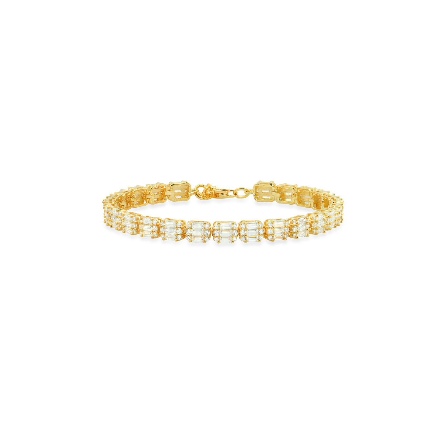 Gold-tone tennis bracelet with clear CZ stones and clasp links
