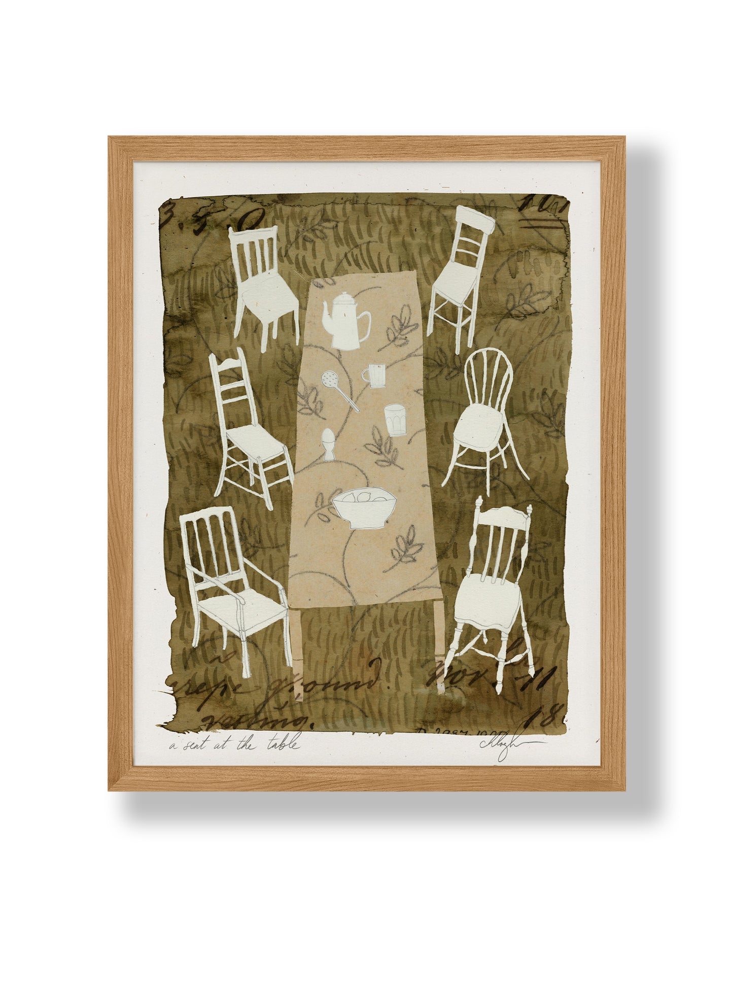 Framed art print with outline chairs on olive green textured background, white border