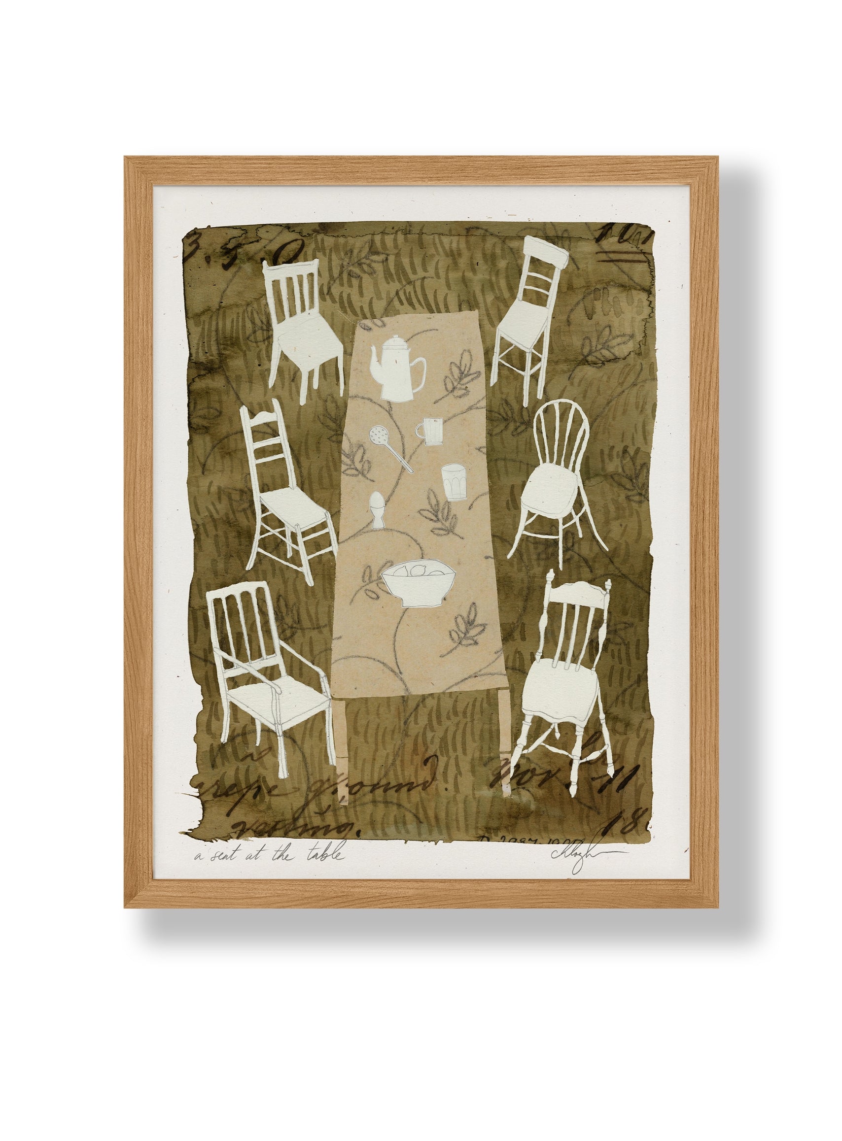 Framed art print with outline chairs on olive green textured background, white border