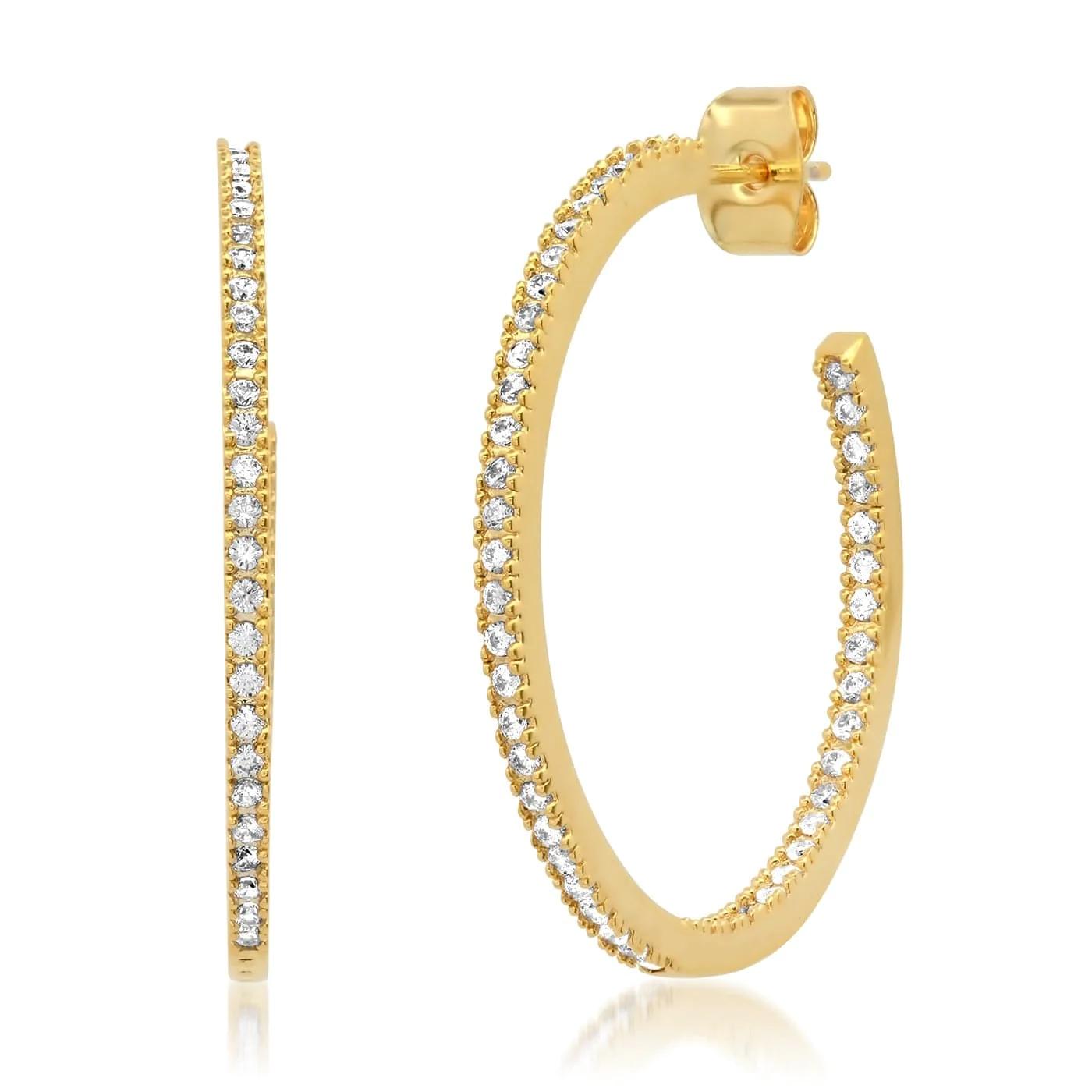 Gold pavé hoop earrings with clear stones, shown front and side