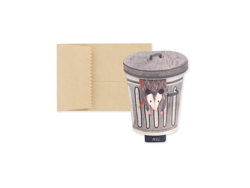 Birthday card with gray trash-can graphic and possum face, 'PULL' tab