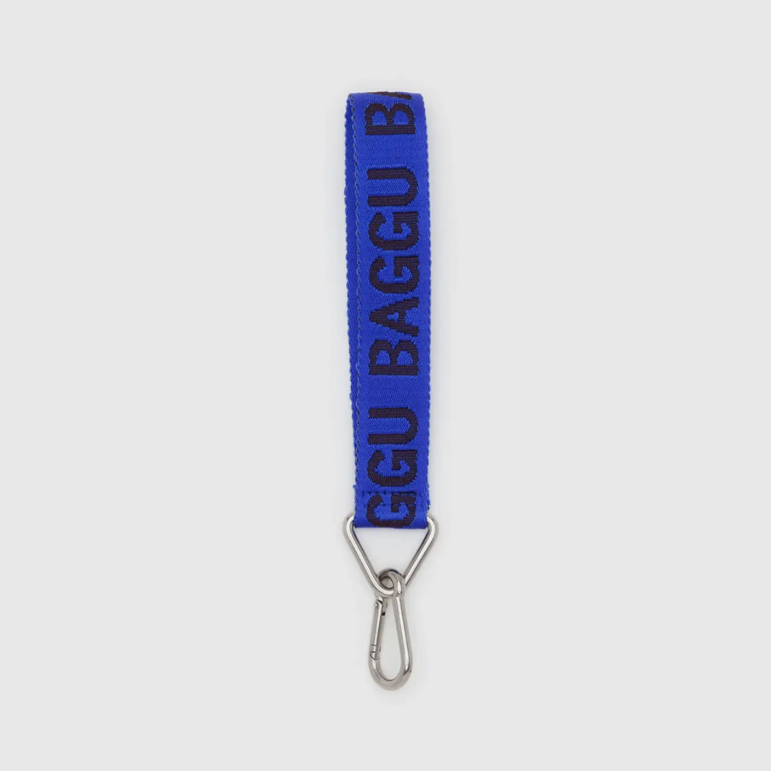 Royal blue BAGGU logo keychain with silver metal clasp and loop