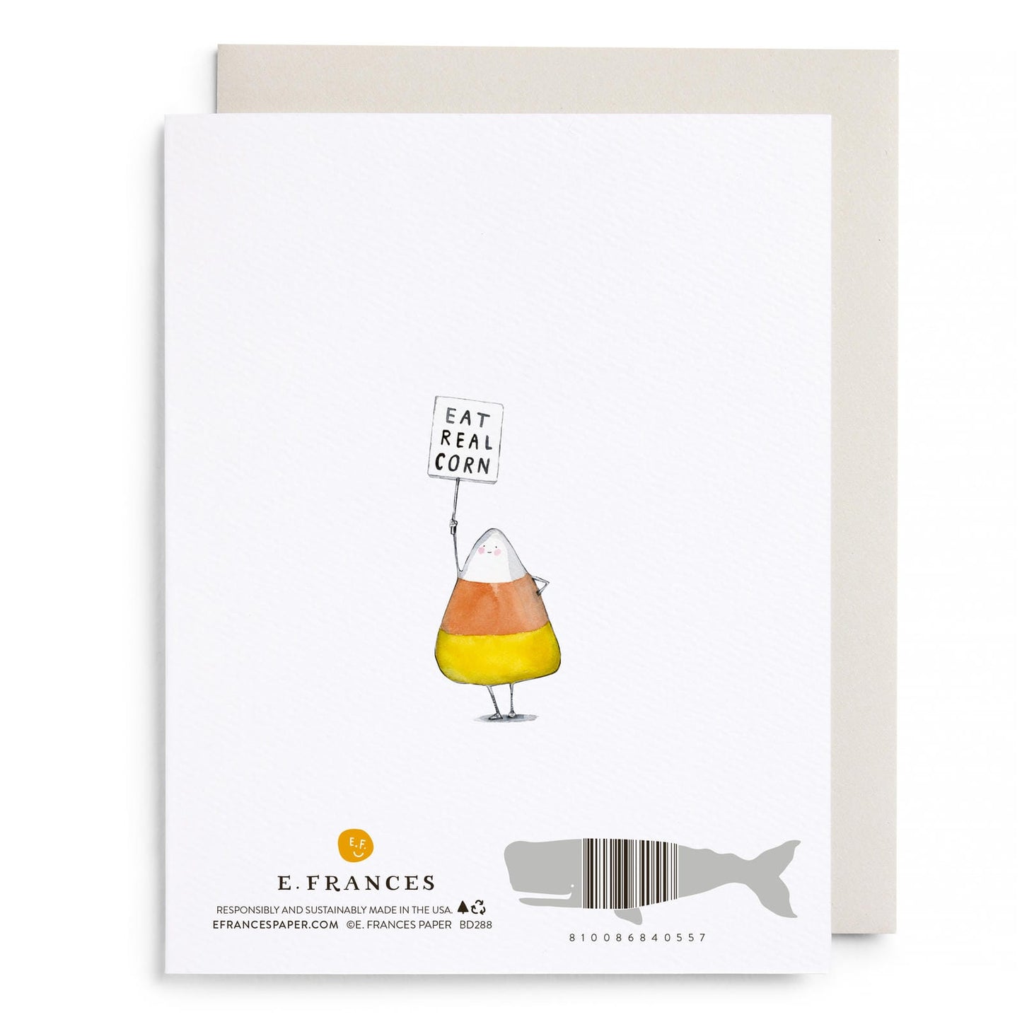 Veggie cartoon birthday greeting card with corn character holding “Eat Real Corn” sign
