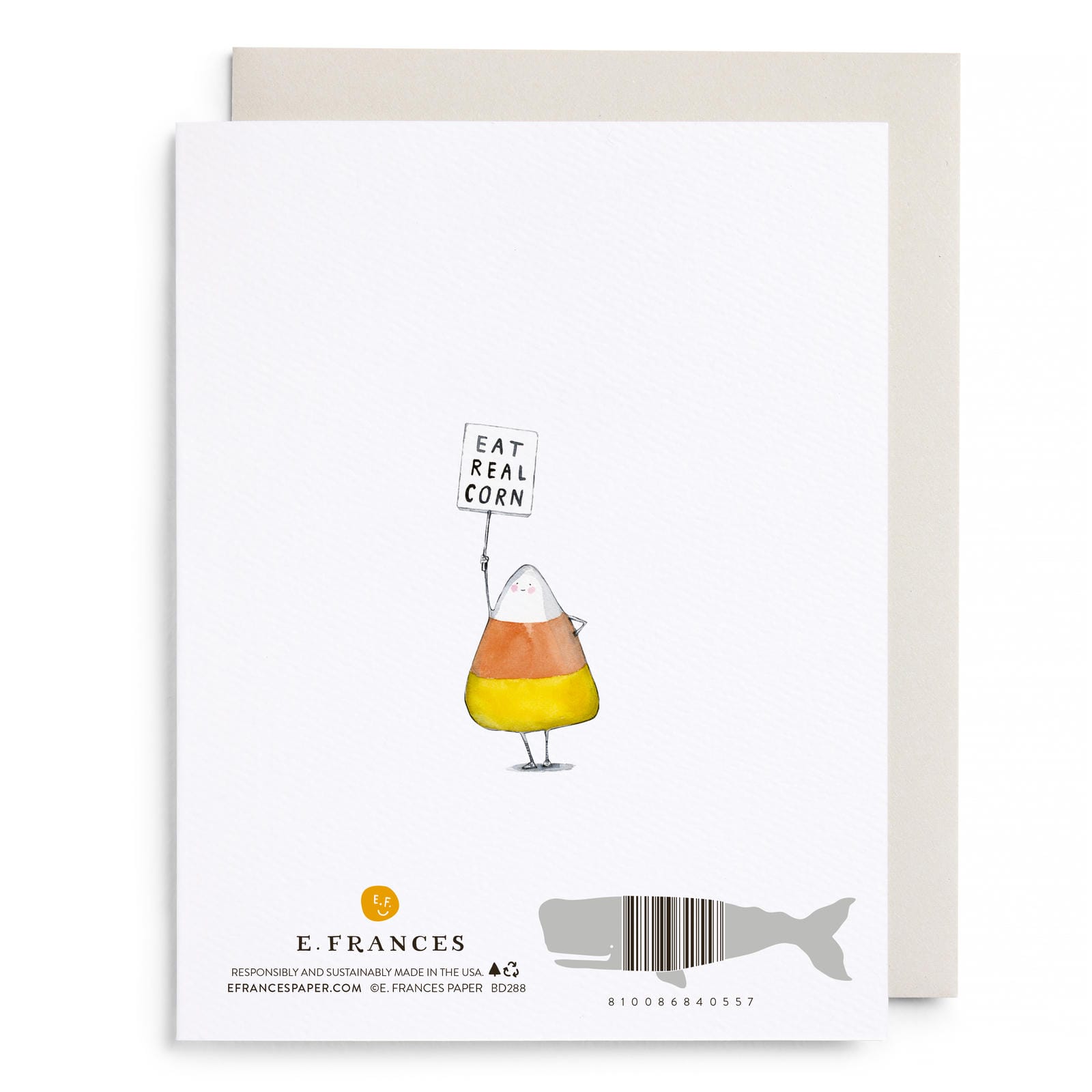 Veggie cartoon birthday greeting card with corn character holding “Eat Real Corn” sign