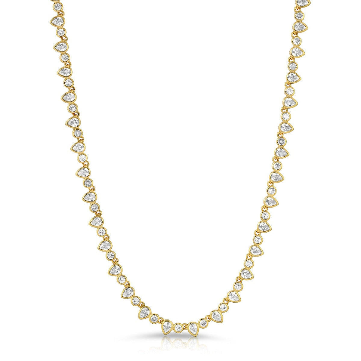 Gold tennis necklace with clear teardrop and round stones