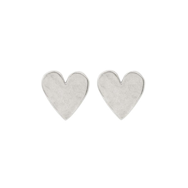 Pair of silver heart stud earrings with polished heart faces