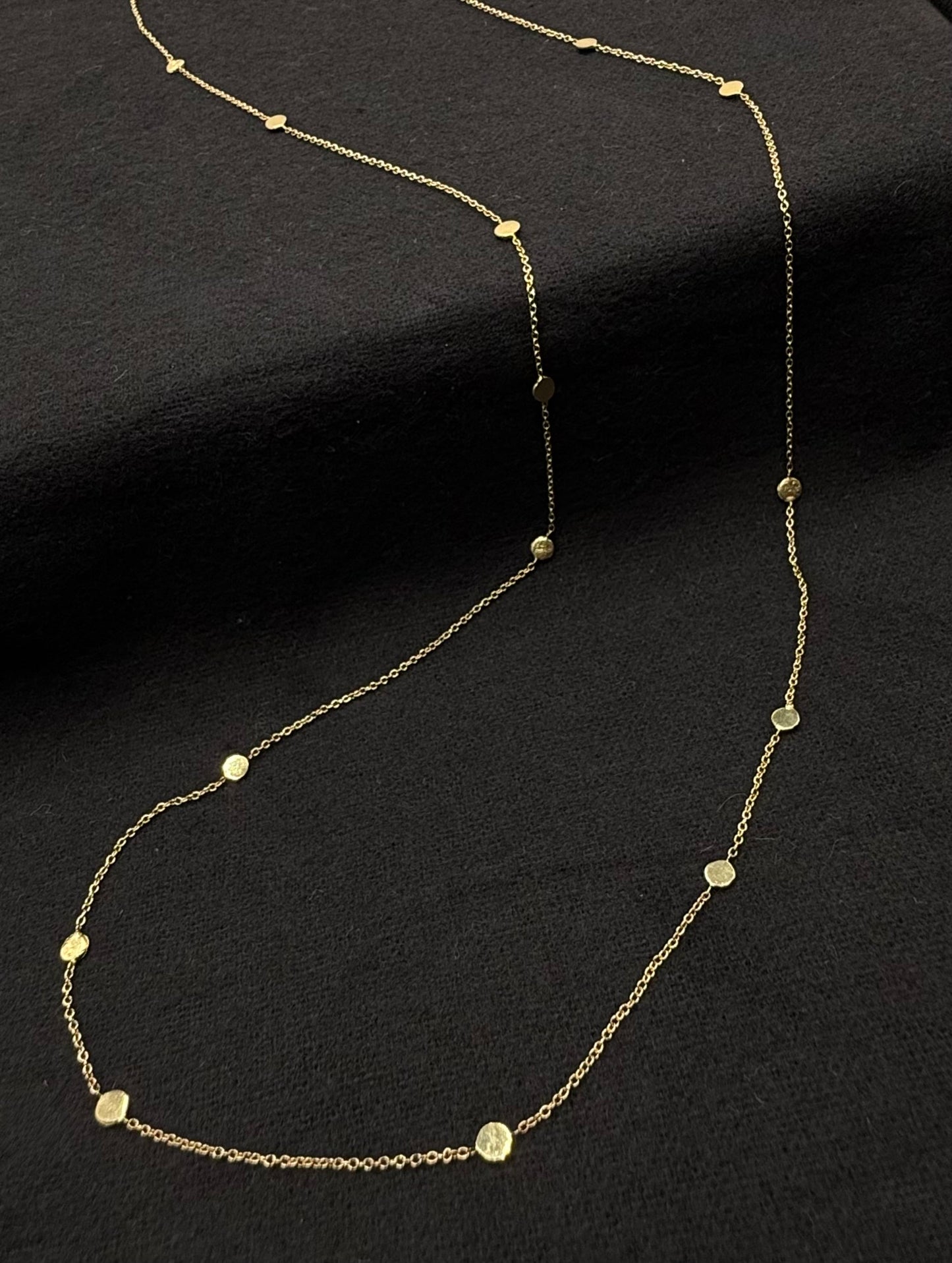 14k gold polka dot necklace with small round bead links, 32 in length