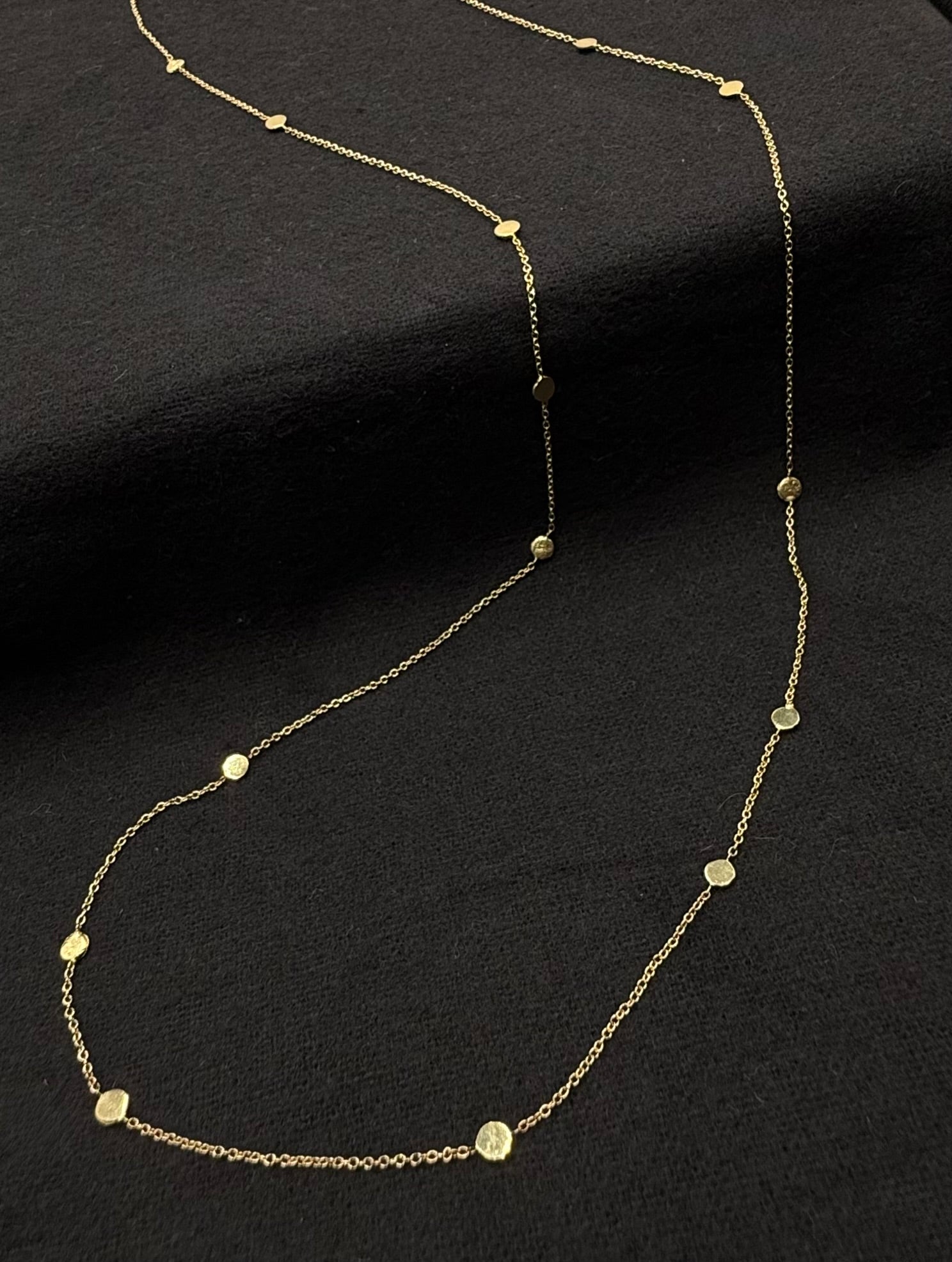 14k gold polka dot necklace with small round bead links, 32 in length