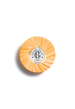 Neroli wellbeing soap round orange bar with Roger&Gallet logo and Neroli text