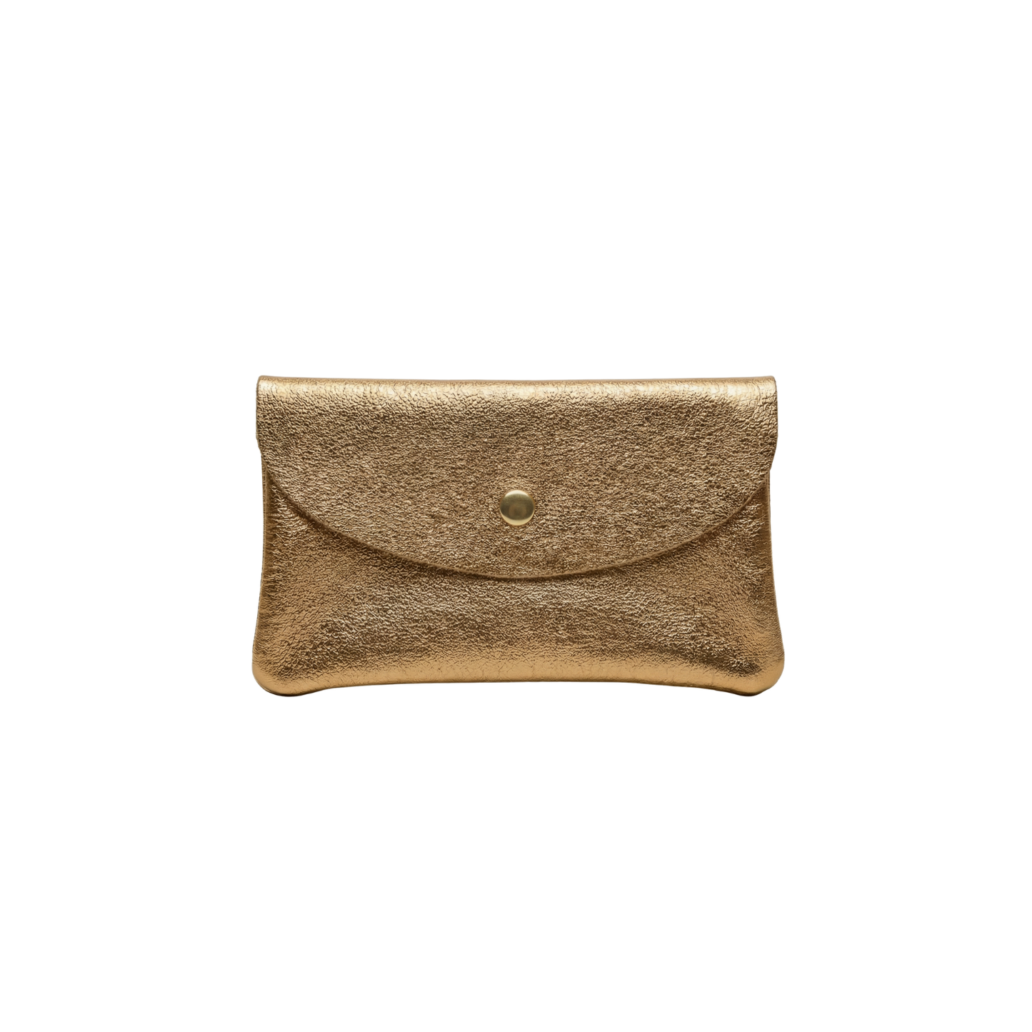 Gold metallic leather mini wallet with snap flap and front button closure