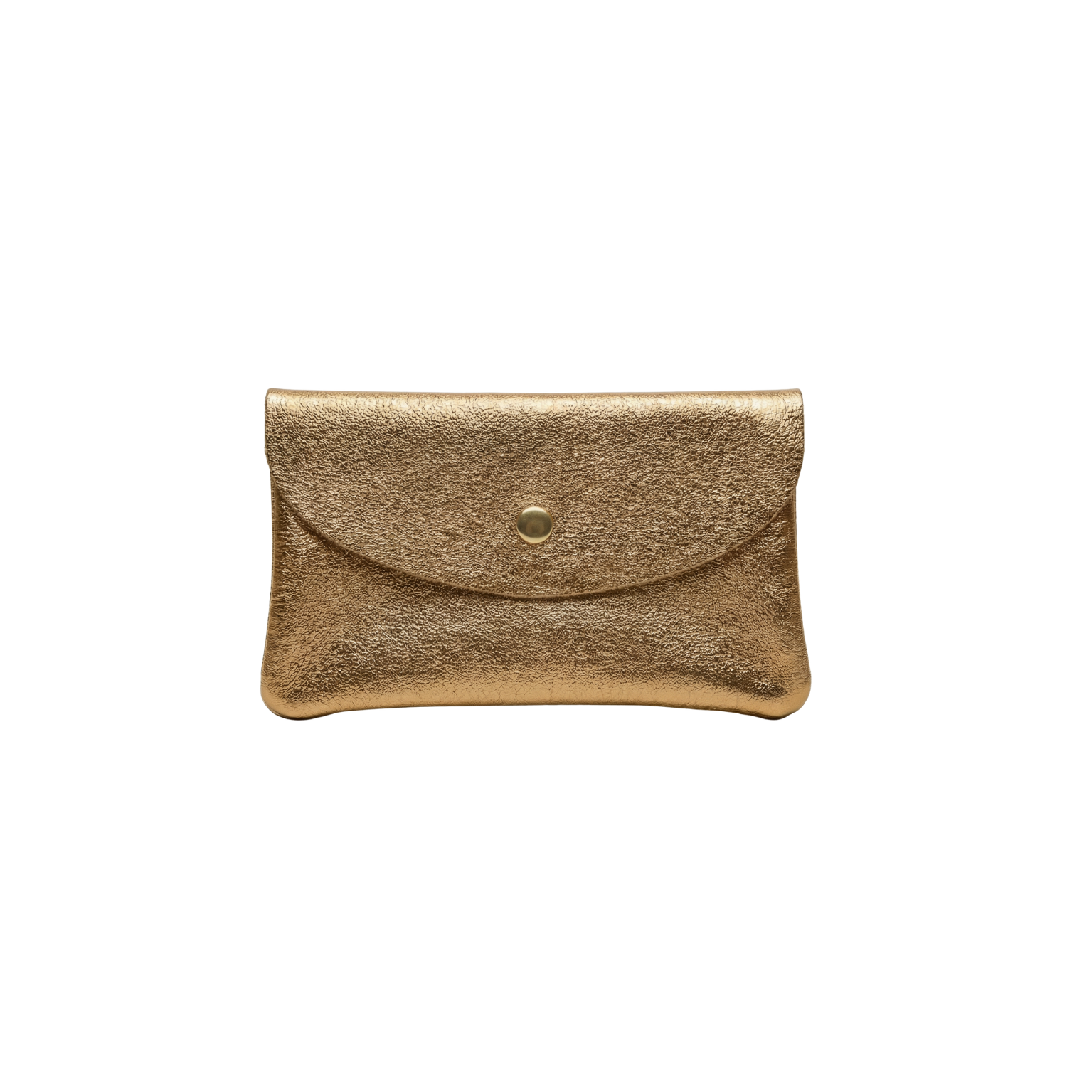 Gold metallic leather mini wallet with snap flap and front button closure