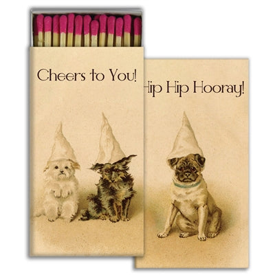 Party pups matchbox set with illustrated puppies and pink match heads; beige boxes