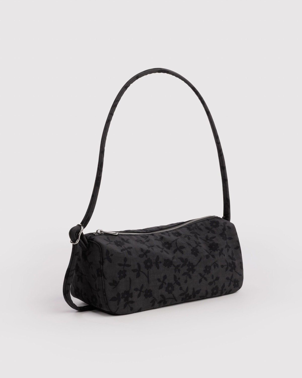 Black nylon loaf bag with side zipper and adjustable shoulder strap