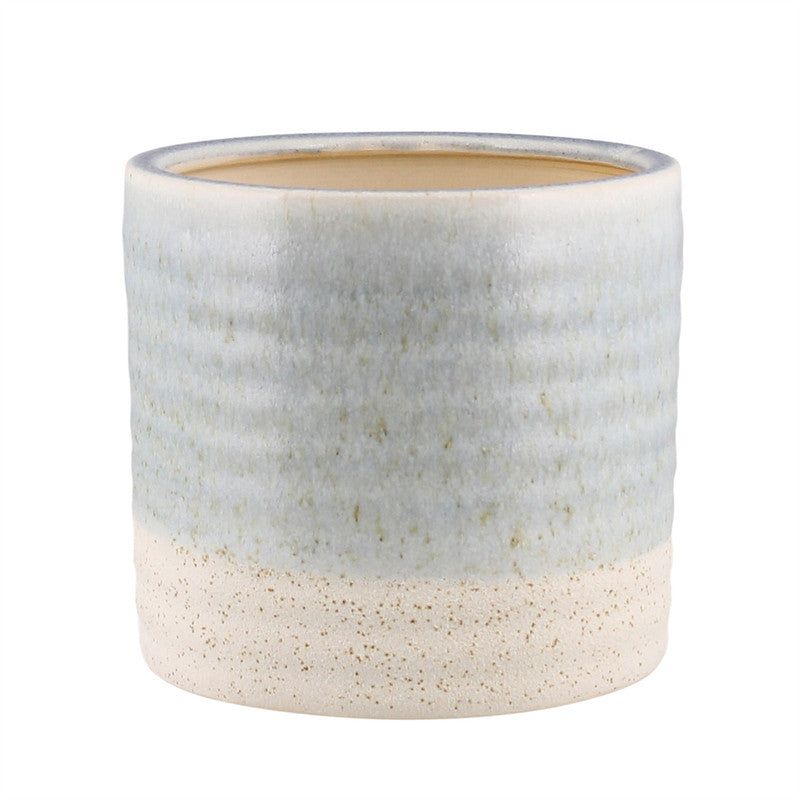 Medium ceramic cachepot, round speckled light blue-gray and beige finish, open rim