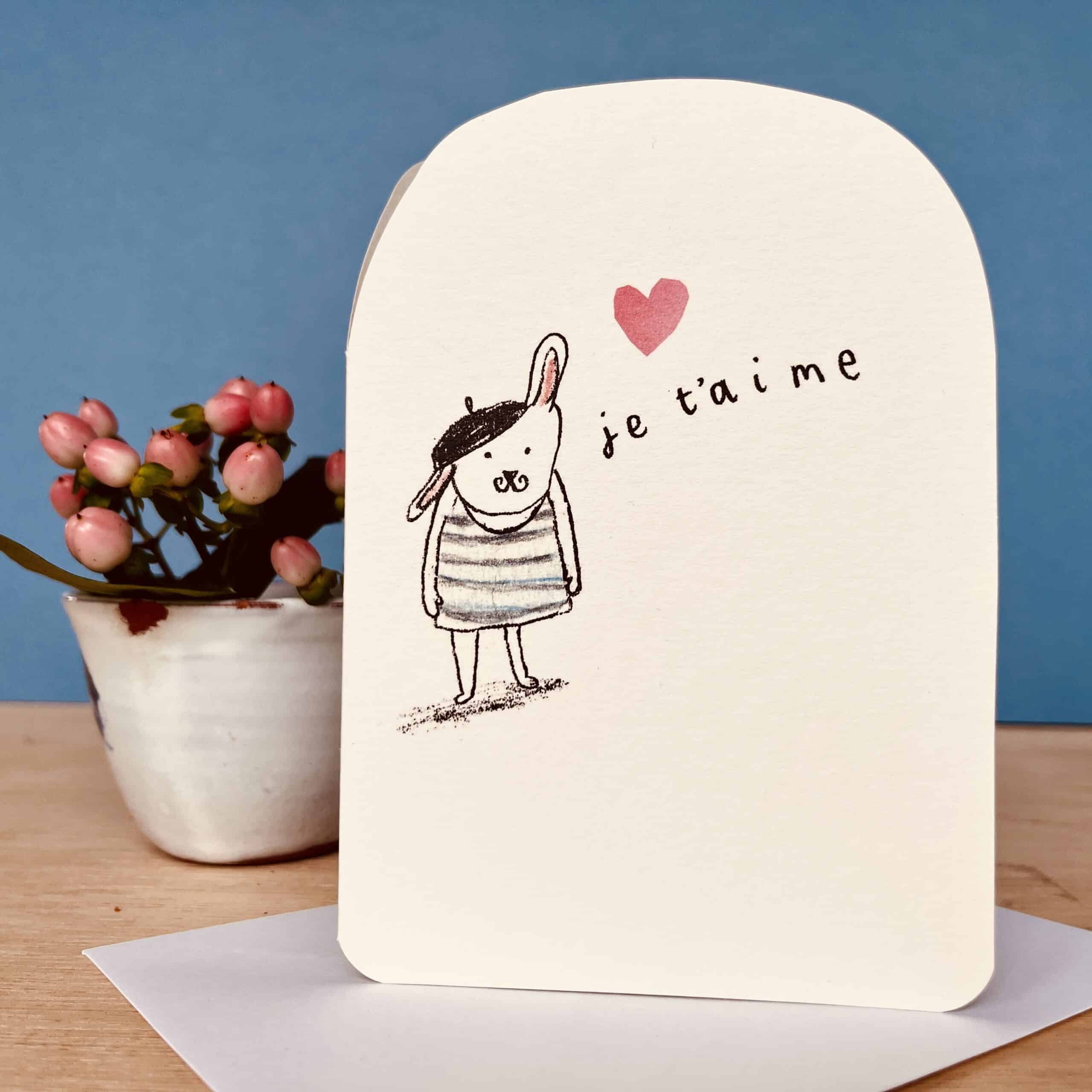 Bunny greeting card with heart and 'je t'aime' text