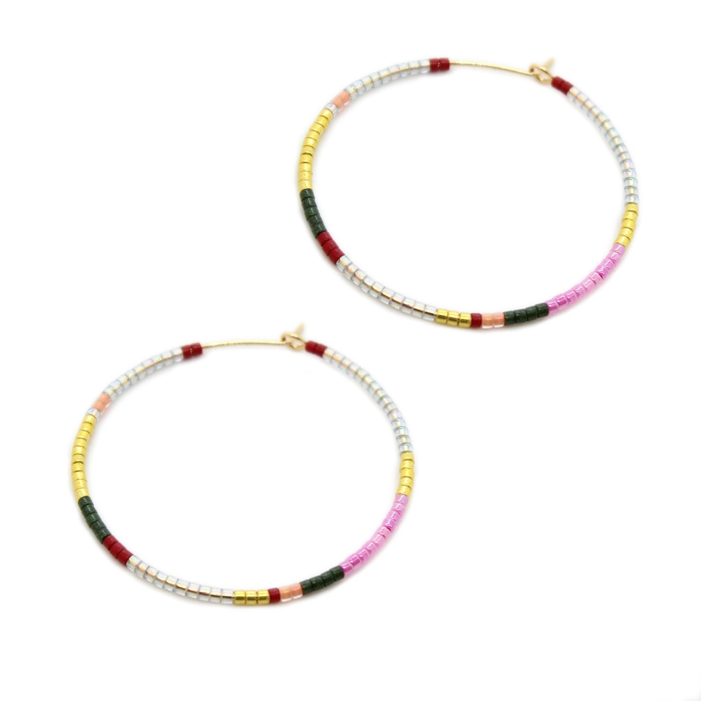 Silver-toned beaded hoop earrings with gold hooks and multicolor bead accents