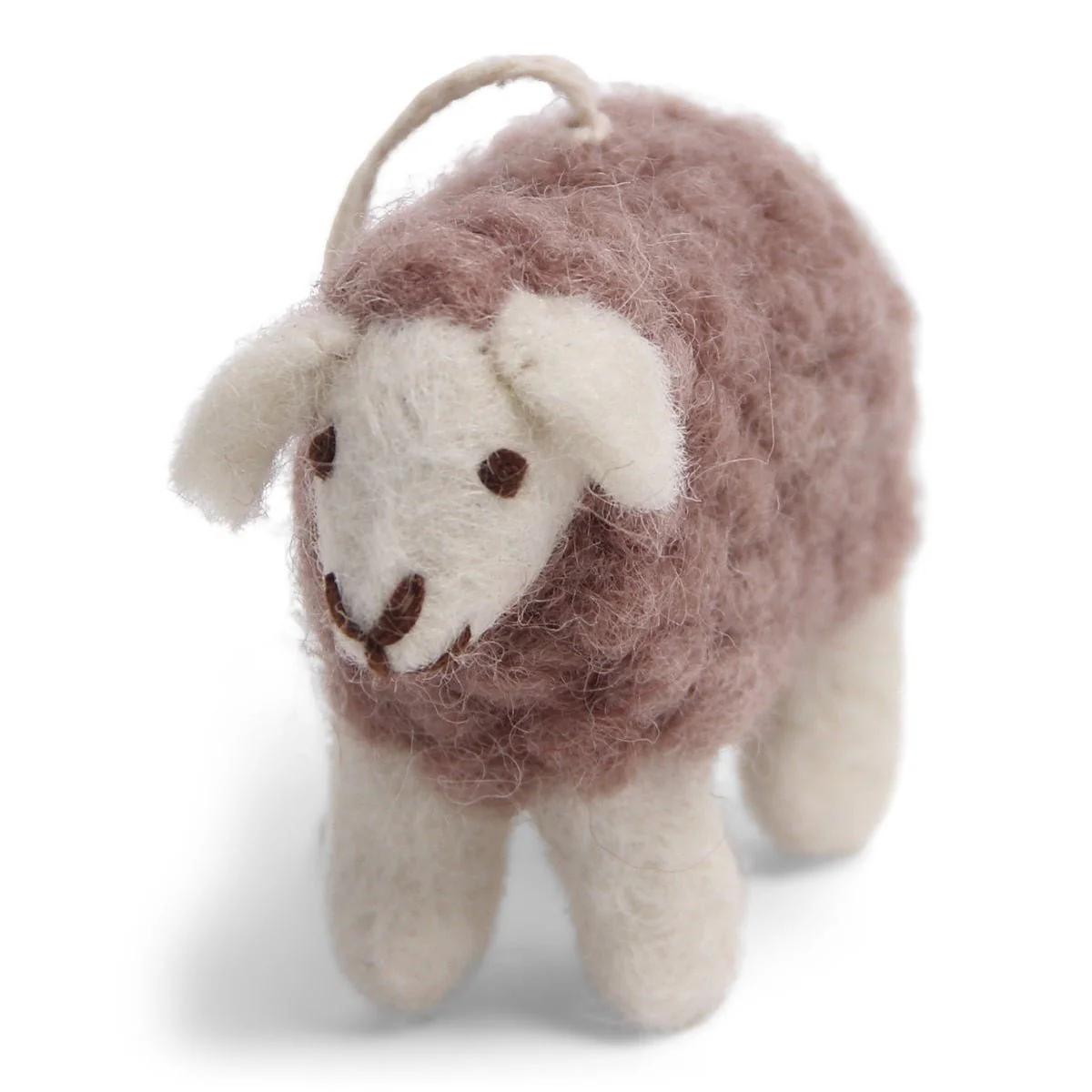 Lavender mini sheep ornament, fuzzy body with white muzzle and stitched smile