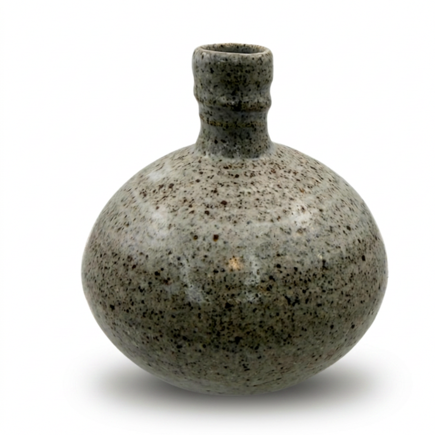 Speckled ceramic bulb planter with narrow neck and rounded base, dark speckled finish