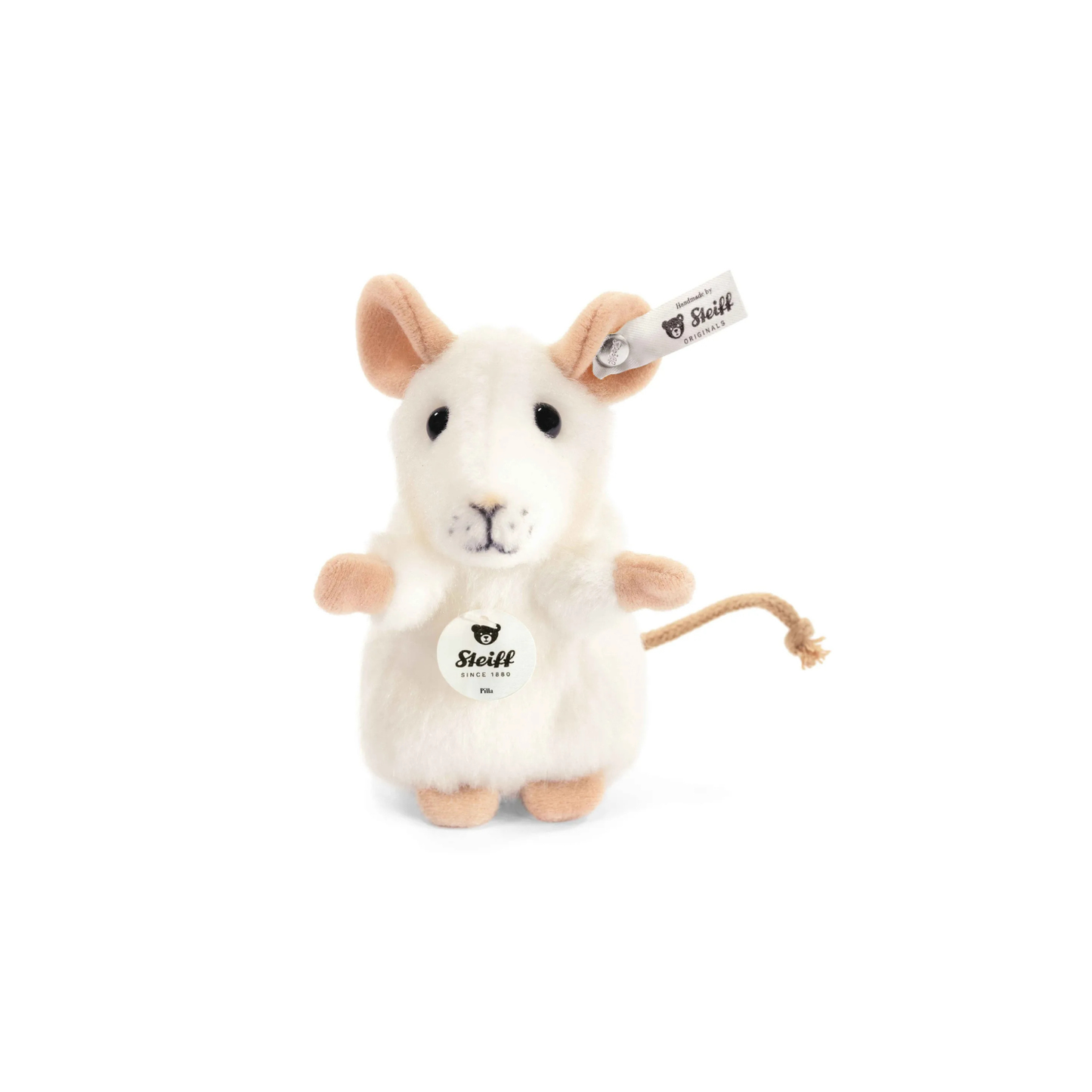 Plush mouse toy, white fur with brown ears, stitched face and small tail, Steiff tag