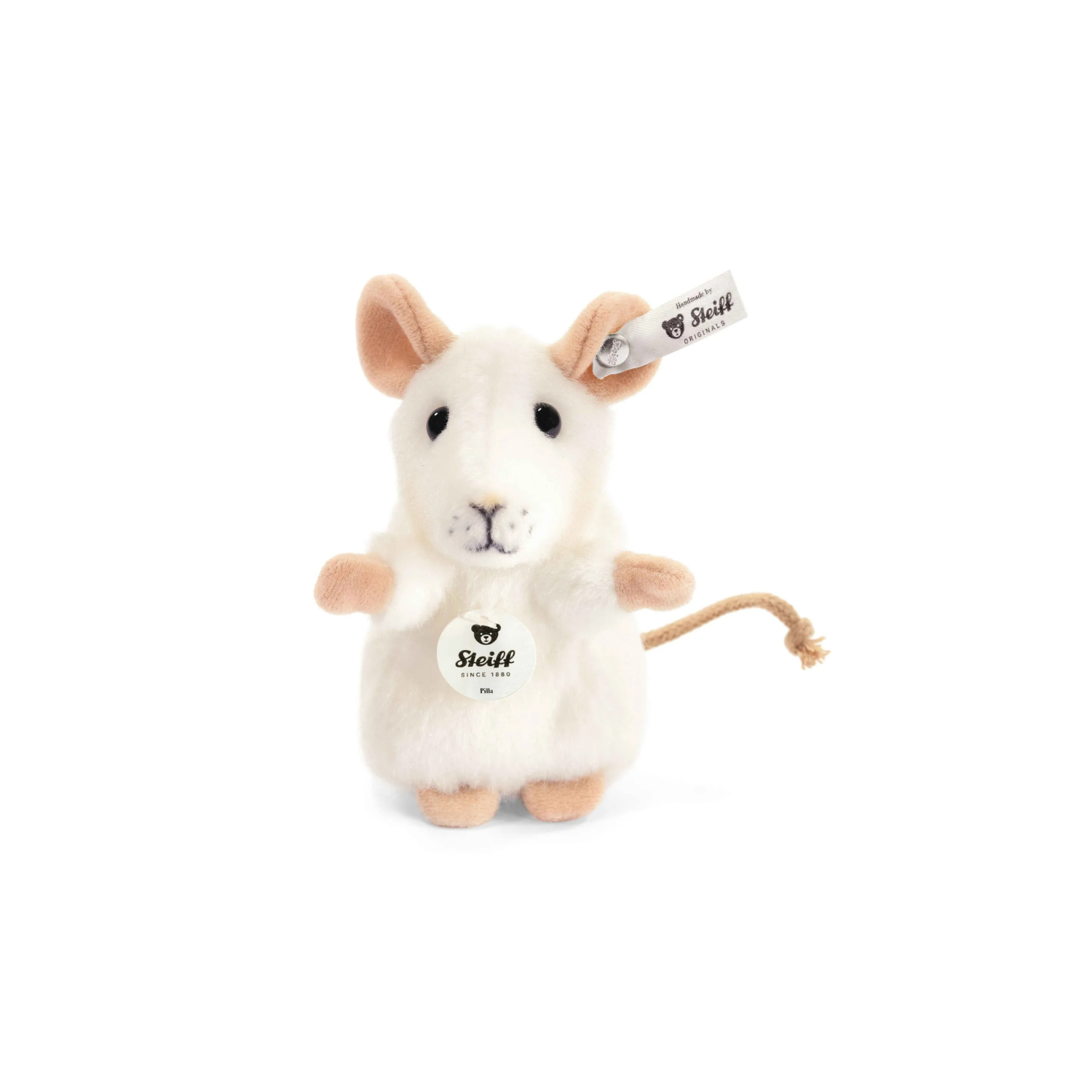 Plush mouse toy, white fur with brown ears, stitched face and small tail, Steiff tag