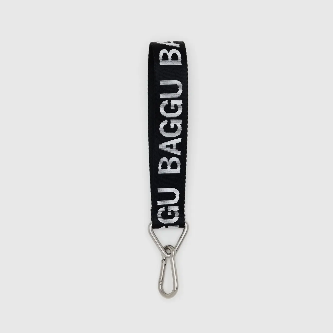 Black BAGGU logo keychain with white lettering and silver metal clasp