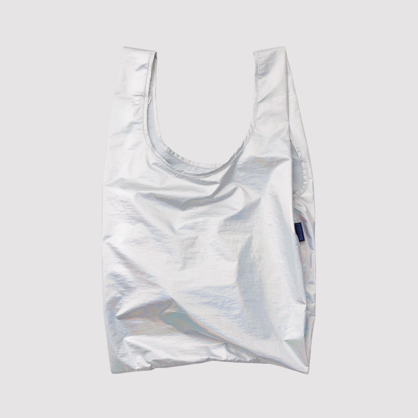 Light blue reusable tote bag with wide U neckline and side pocket