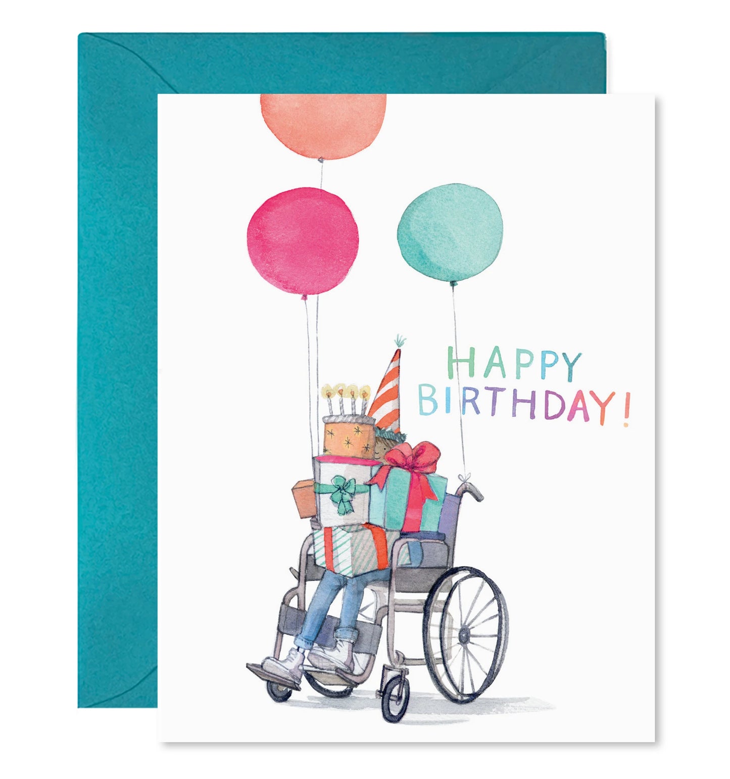 Wheelchair birthday greeting card with balloons and “Happy Birthday!” on front