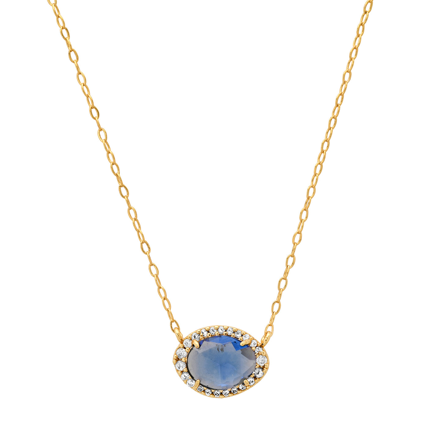 Gold oval gemstone pendant necklace with blue center stone and halo of clear crystals