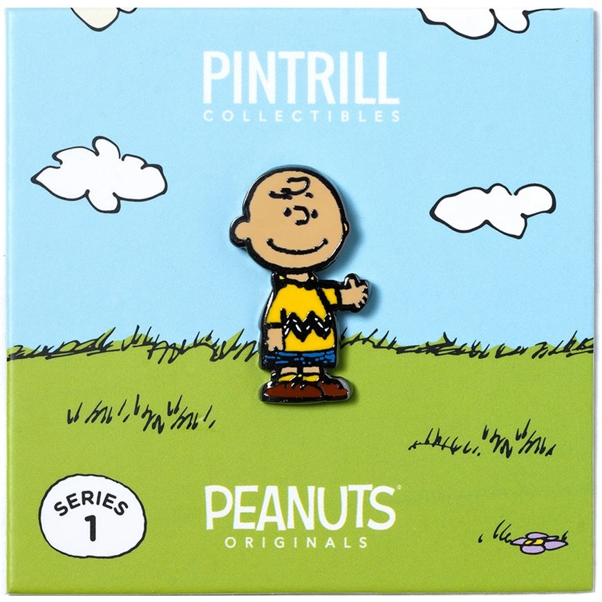 Charlie Brown enamel pin shown on Peanuts collectibles card with “Series 1”