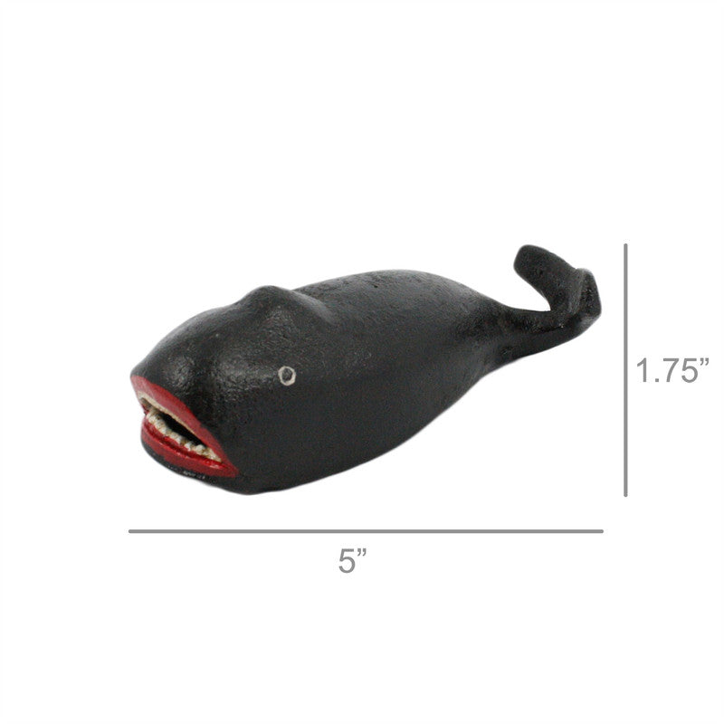 Dark whale-shaped bottle opener with red mouth, measures 5 in long