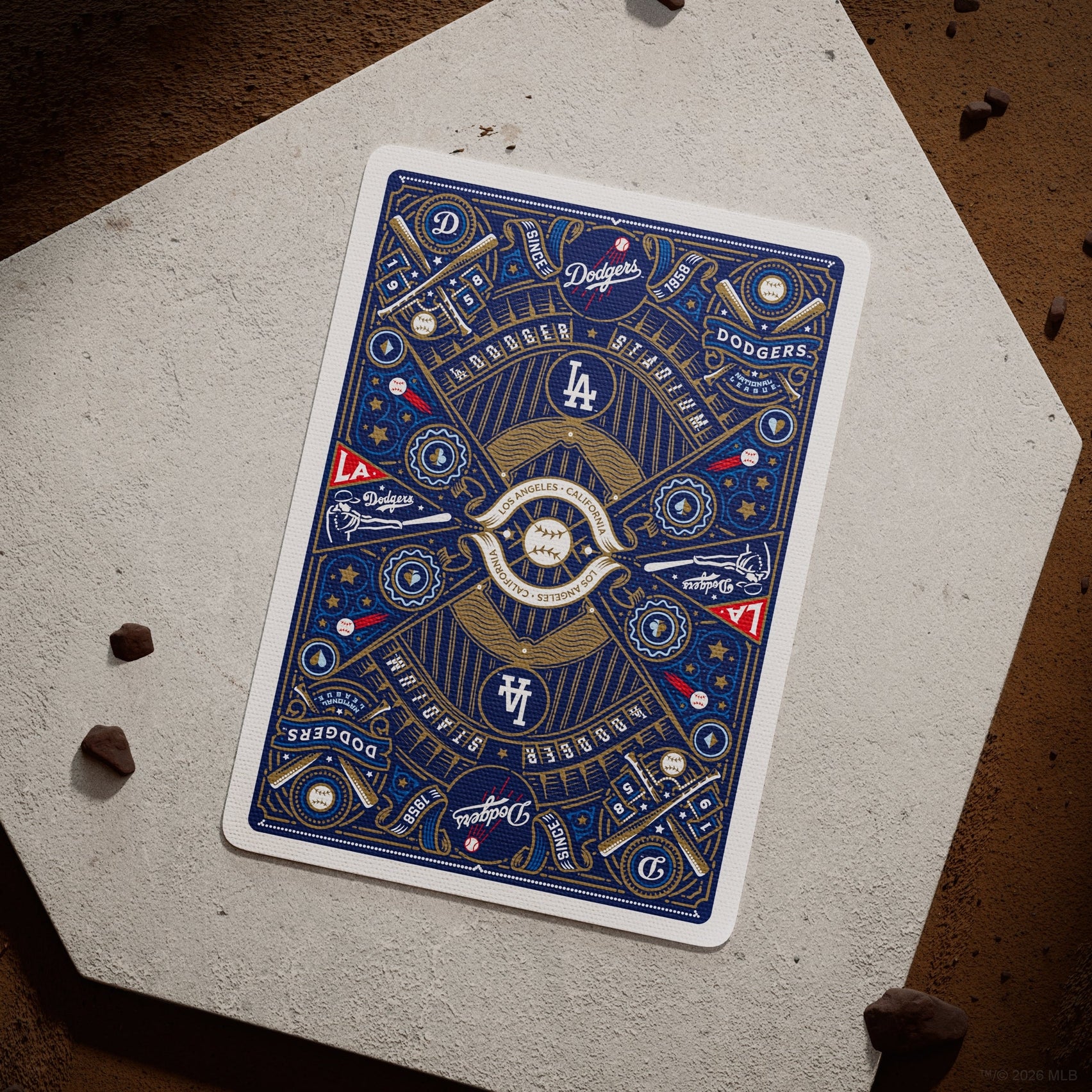 Blue ornate playing card featuring Los Angeles Dodgers crest and decorative patterns