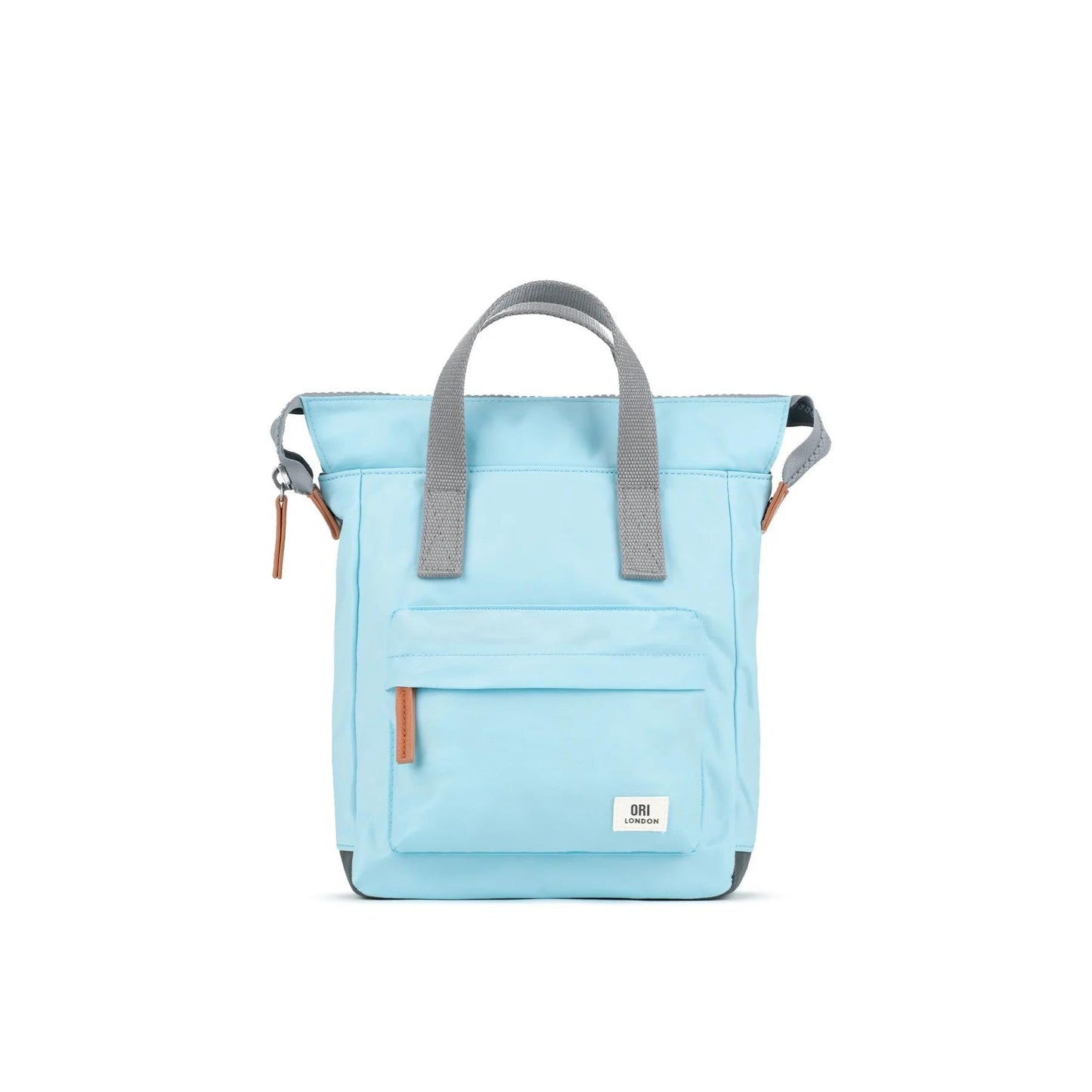 Medium recycled nylon backpack, light blue, top handles, front zip pocket, logo patch