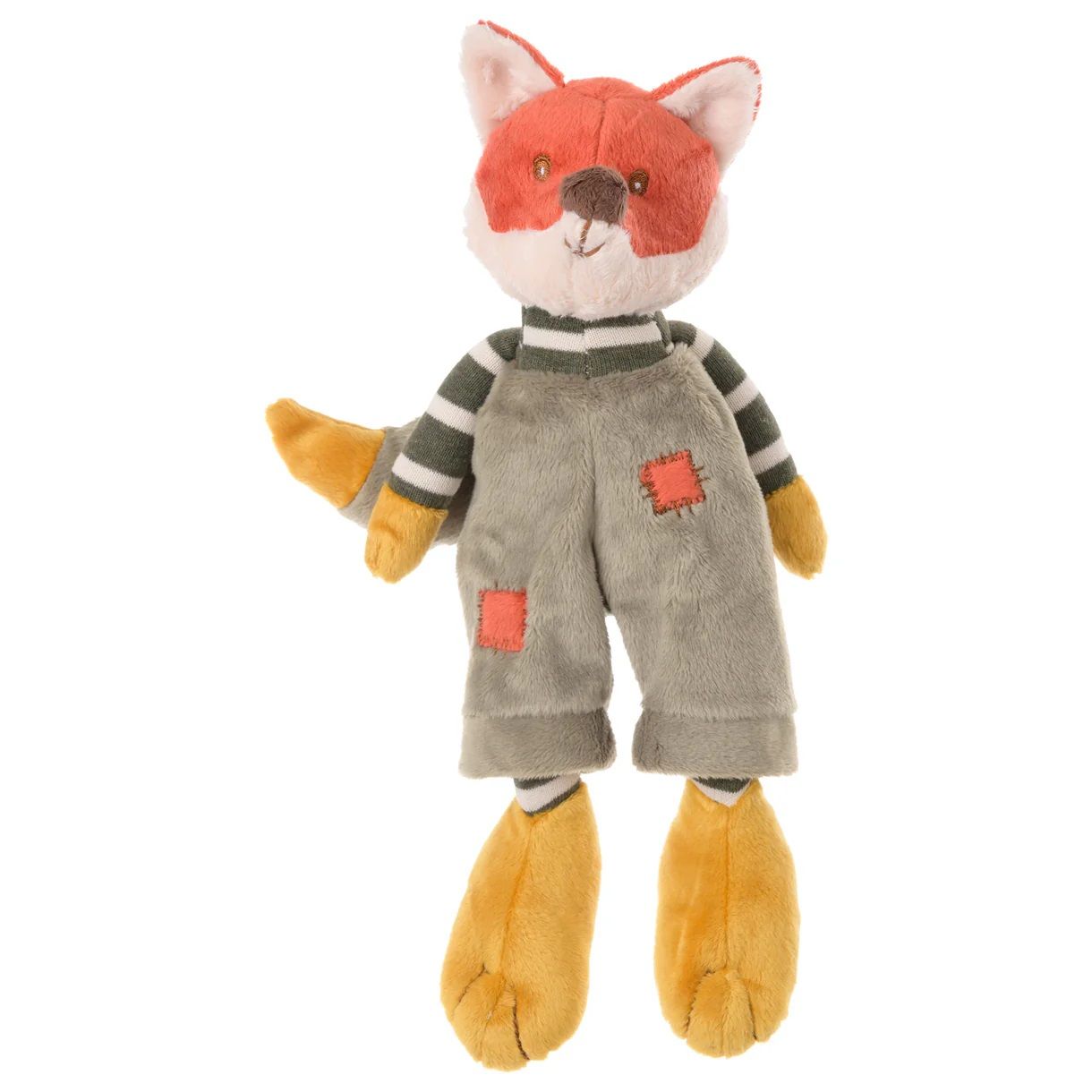 Cute plush fox figure: orange ears and face, gray overalls with patches, striped arms, yellow feet