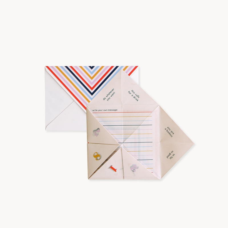 Pop-up greeting card with rainbow chevron panel and envelope-style folded paper