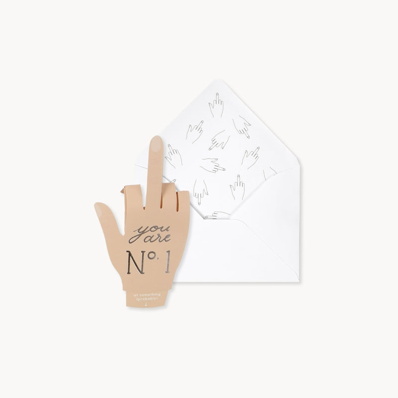 Number One pop-up greeting card with white envelope and hand saying “You are N° 1”