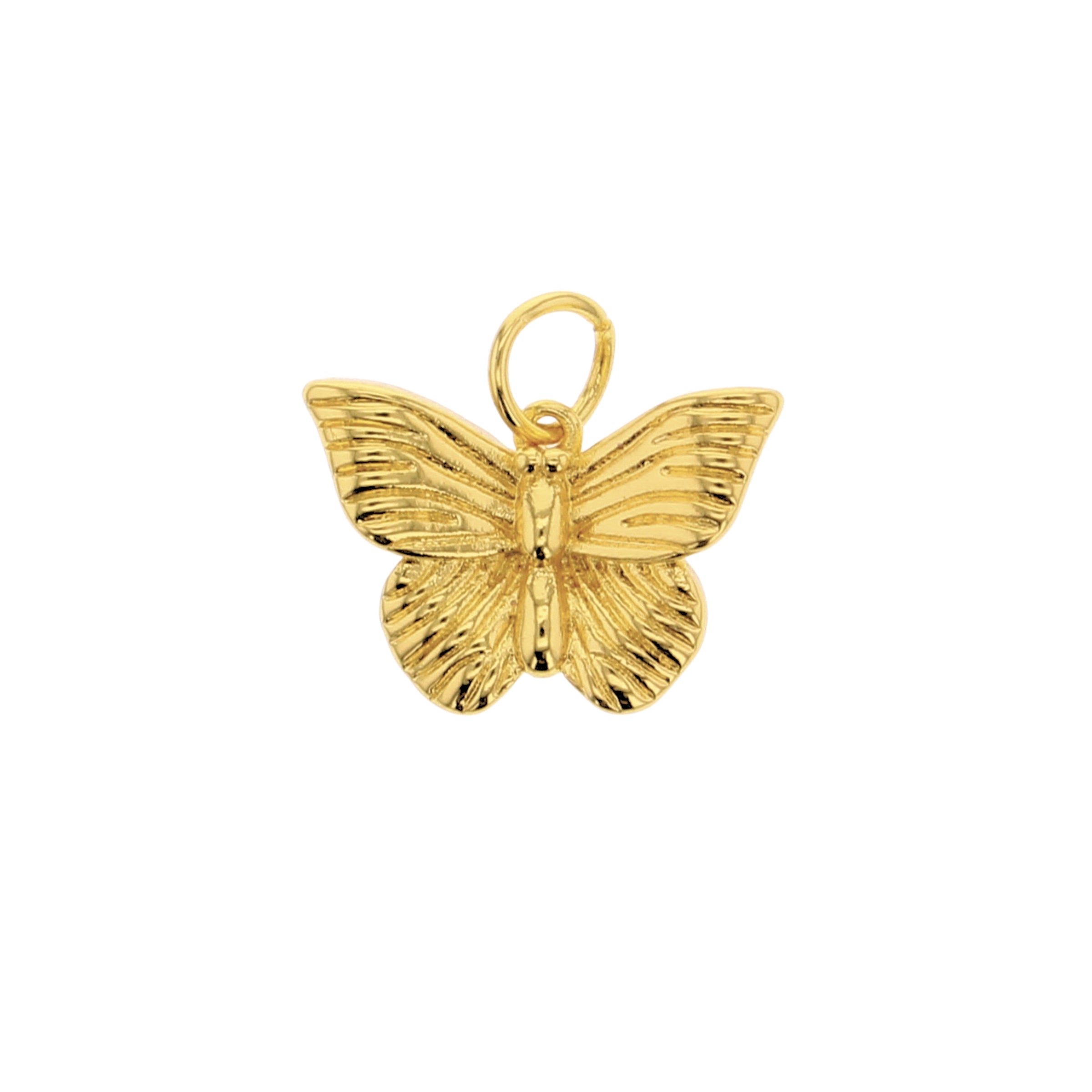 Gold butterfly pendant charm with textured wings and a hanging loop ring