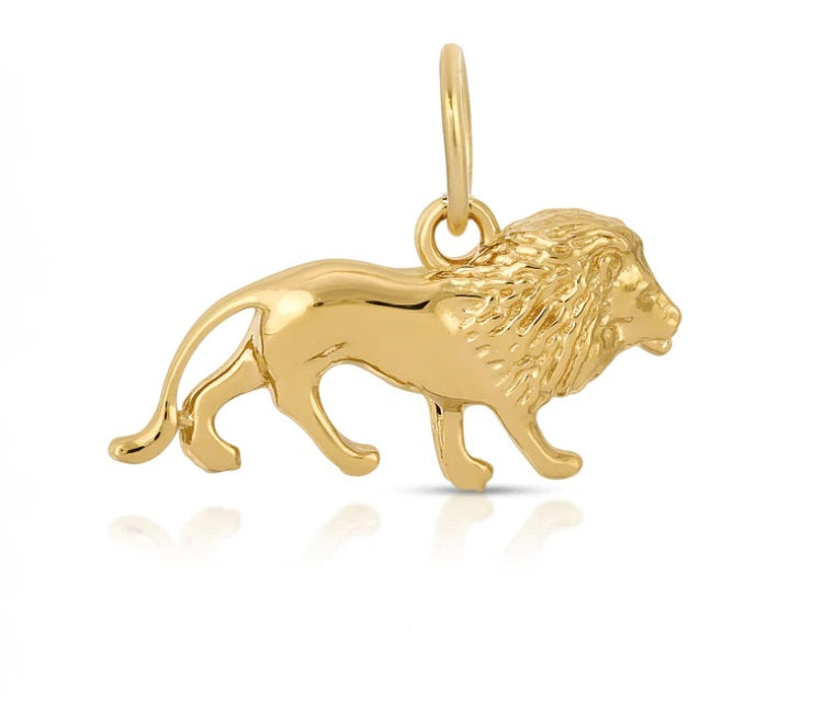 Gold lion charm pendant with loop bail, textured lion head and torso.