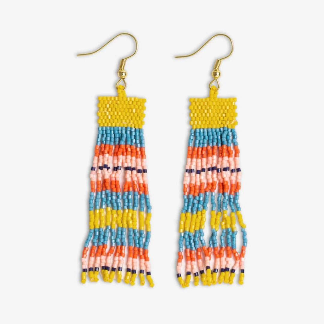 Beaded fringe earrings with horizontal stripes in yellow, blue, orange, pink; gold hooks